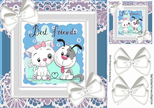 Best of friends cute puppy and kitten with white bows and lace (blue) 8x8