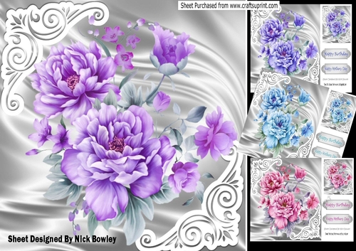 4 Pretty satin and ornate card fronts with peonies 8x8 mini kit