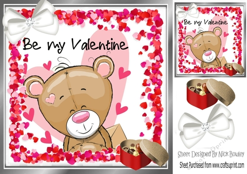 Cute valentine teddy with hearts and chocolates 8x8