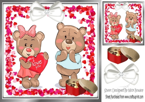 cute  valentine teddy bears with  hearts and choc with white bow 8x8