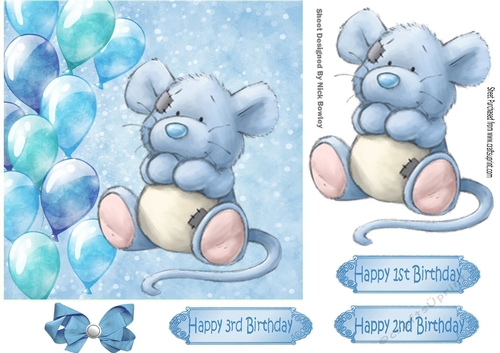 Cute little mouse with blue balloons and bow 7x7