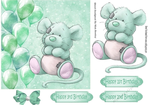 Cute little mouse with turq balloons and bow 7x7