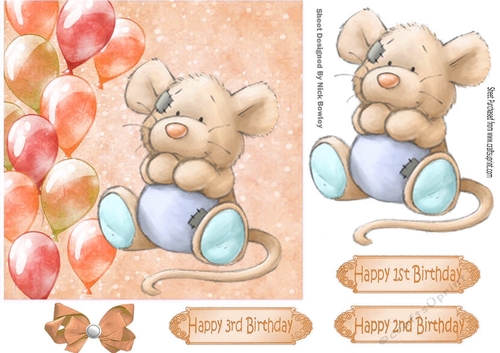 Cute little mouse with peach balloons and bow 7x7
