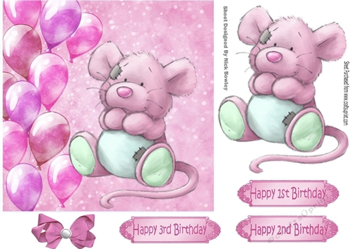 Cute little mouse with pink balloons and bow 7x7
