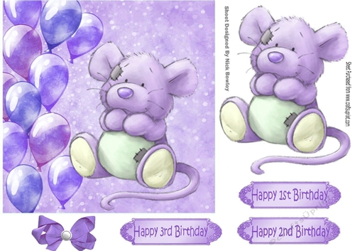 Cute little mouse with purple balloons and bow 7x7