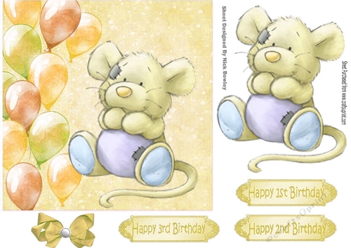 Cute little mouse with gold balloons and bow 7x7