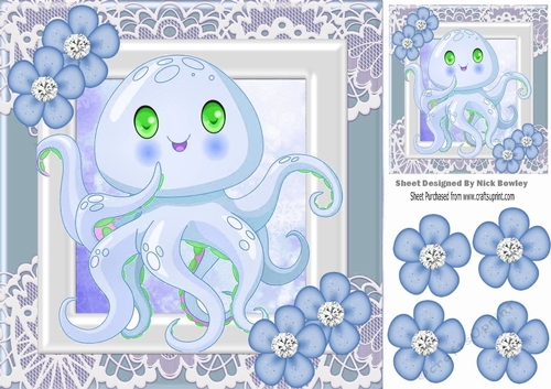 Cute octopus with flowers and diamonds 8x8 (blue)