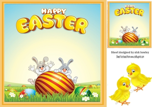 Bunnies playing peek a boo with easter egg and chicks 8x8