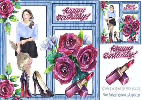 Modern girl with makeup and pink roses in window frame 8x8