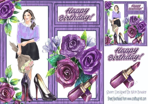 Modern girl with makeup and purple roses in window frame 8x8