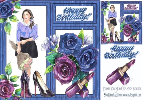 Modern girl with makeup and blue roses in window frame 8x8