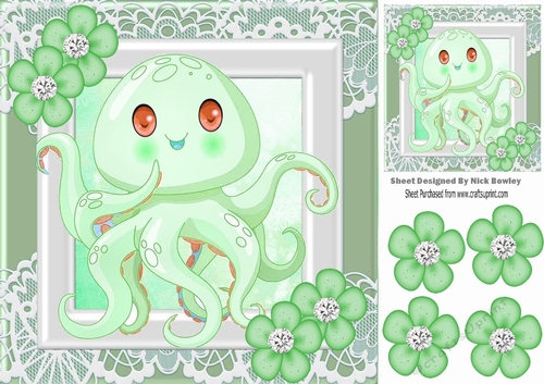 Cute octopus with flowers and diamonds 8x8 (green)
