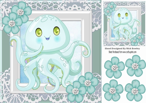 Cute octopus with flowers and diamonds 8x8 (turq)