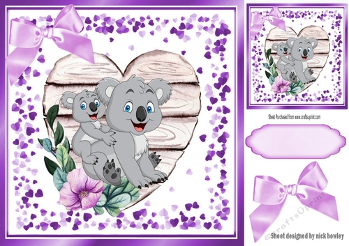  koala Bear with baby on a wooden heart with bow 8x8
