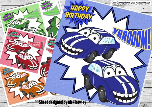  4 Toony smile cars card fronts 8x8 mini kit (set 1)