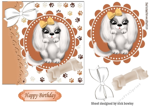 cute white puppy with a bone topper/card front 7x7