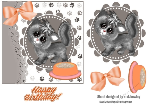 cute grey kitten with a dish topper/card front 7x7