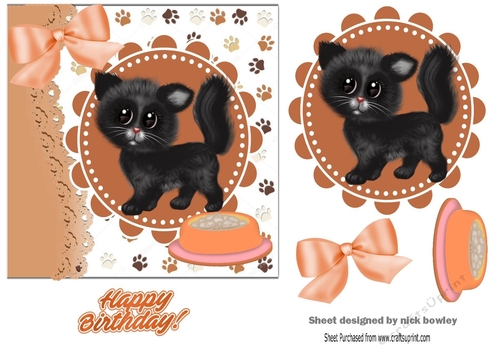 cute black kitten with a dish topper/card front 7x7
