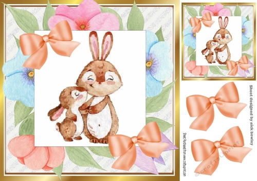sweet little water colour rabbits in floral frame with bows 8x8