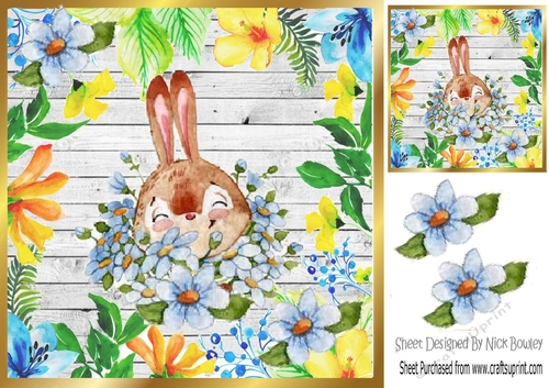  Water colour Bunny playing peekabbo in floral frame 8x8