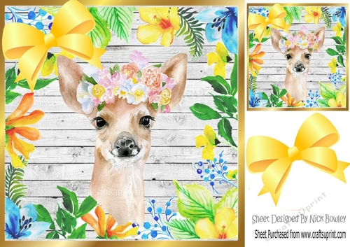 Water colour Deer in floral frame with yellow bow 8x8