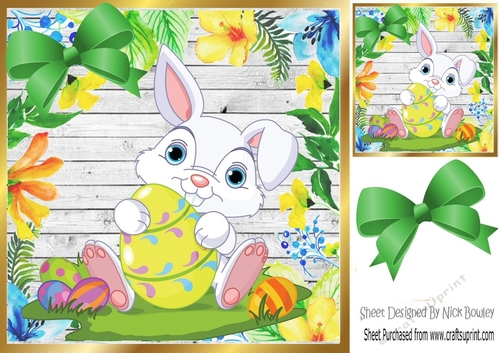 cute grey easter bunny with eggs in floral frame with green bow 8x8