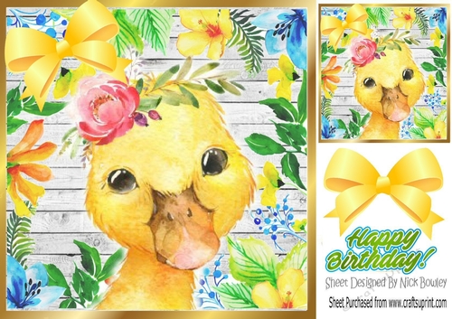 Water colour yellow duck in floral frame with yellow bow 8x8