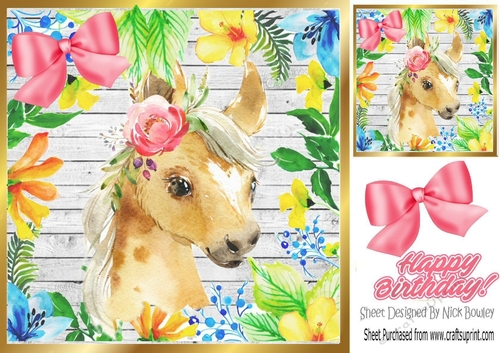 Water colour pretty foal in floral frame with pink bow 8x8