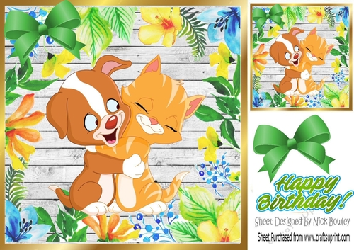 Cuddle friends kitty and puppy in floral frame with green bow 8x8