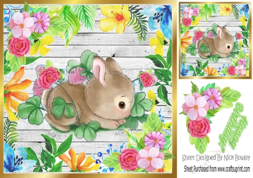 Water colour baby bunny in floral frame with roses 8x8