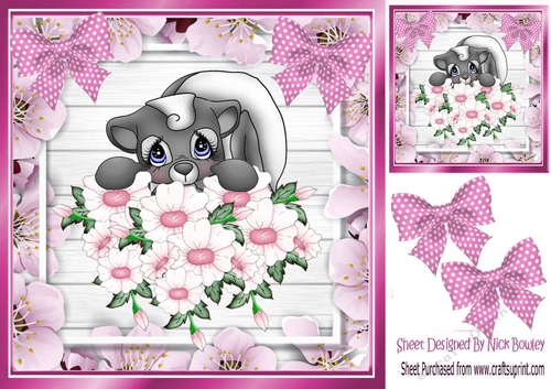 Cute Skunk with flowers and pink polkadot bows 8x8