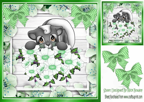 Cute Skunk with flowers and green polkadot bows 8x8