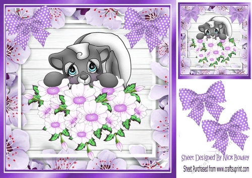 Cute Skunk with flowers and purple polkadot bows 8x8