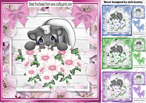  4 Cute Skunks with flowers  polkadot bows card fronts  8x8 mini kit
