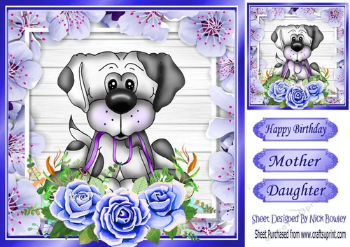 Take me walkies! cute dog with blue roses 8x8