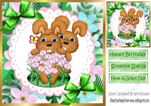 Bunnies Cuddling  with pink flowers and bows 8x8