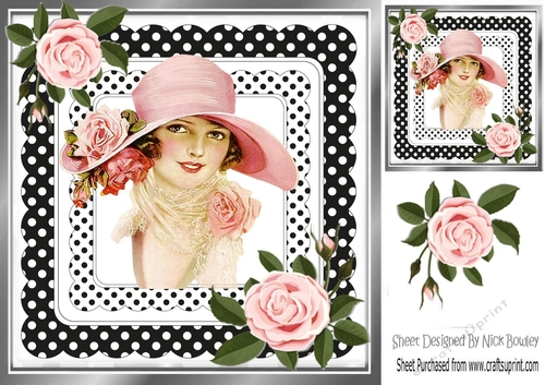 Pretty vintage lady in hat with pink roses in black polkadot frame 8x8
