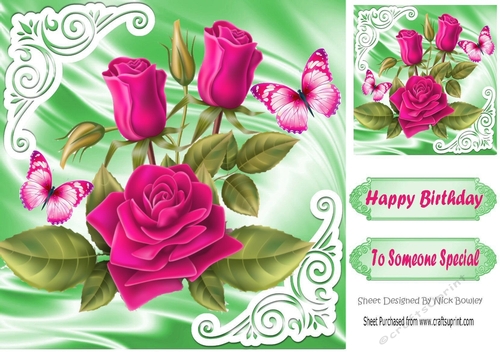Pretty cerise roses with butterflies on satin 8x8