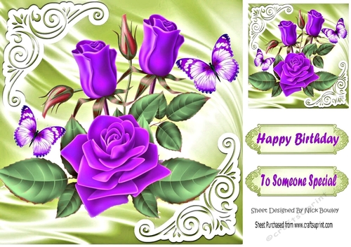Pretty purple roses with butterflies on satin 8x8