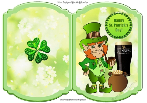 Leprechaun with pipe and pot of gold folded bracket card 