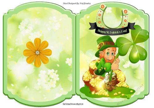 Leprechaun sitting on his pots of gold folded bracket card