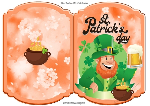  Jolly Leprechaun with his beer and pot of gold folded bracket card