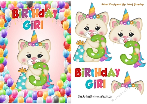 Cute kittys birthday aged (three) A5