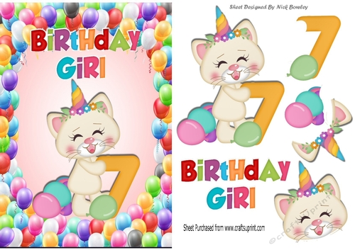 Cute kittys birthday aged (seven) A5