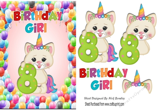 Cute kittys birthday aged (eight) A5