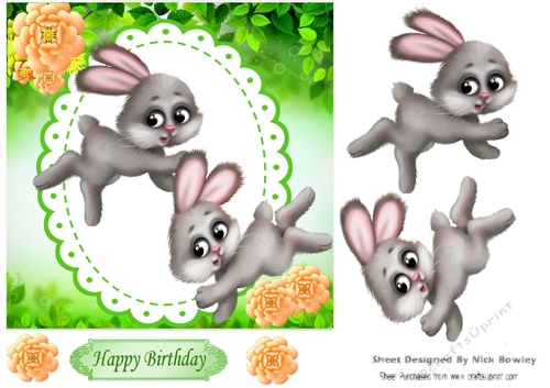 Playful bunnies with peach roses 7x7