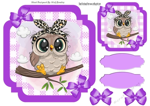 Lilac Check with border  8x8 card front with owl