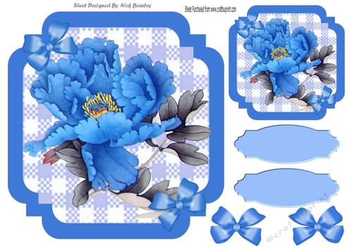 Blue Check with border  8x8 card front with tropical flower