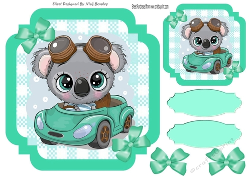 Turq Check with border  8x8 card front with cute Koala in car