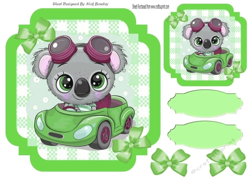 Green Check with border  8x8 card front with cute Koala in car